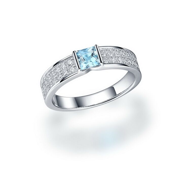 S925 Sterling Silver Couple Ring with White Gold Plating Women\'s Rose Quartz/ Men\'s Blue Topaz